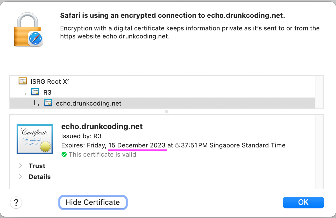 Browser certificate details